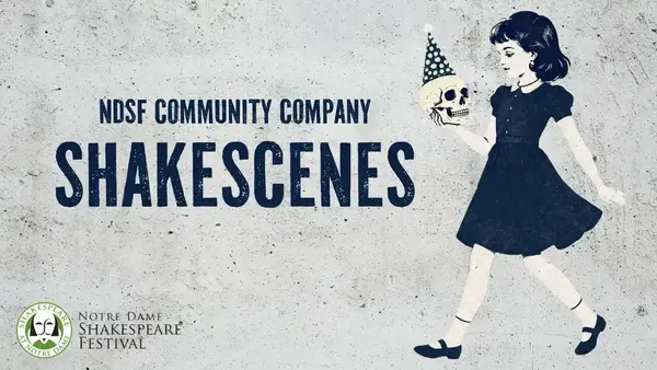 Illustrated woman in a blue dress holds skull wearing polka-dot party hat. Text: NDSF COMMUNITY COMPANY SHAKESCENES.